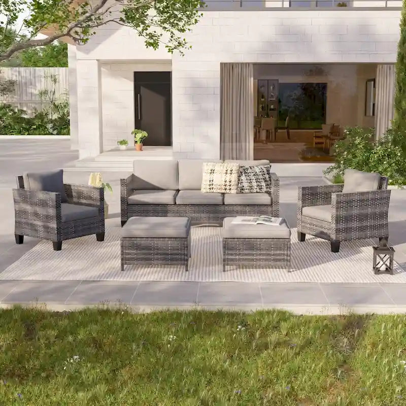 LIVOOSUN 5Pcs Patio Furniture Set Grey Rattan Coversation Seating Set