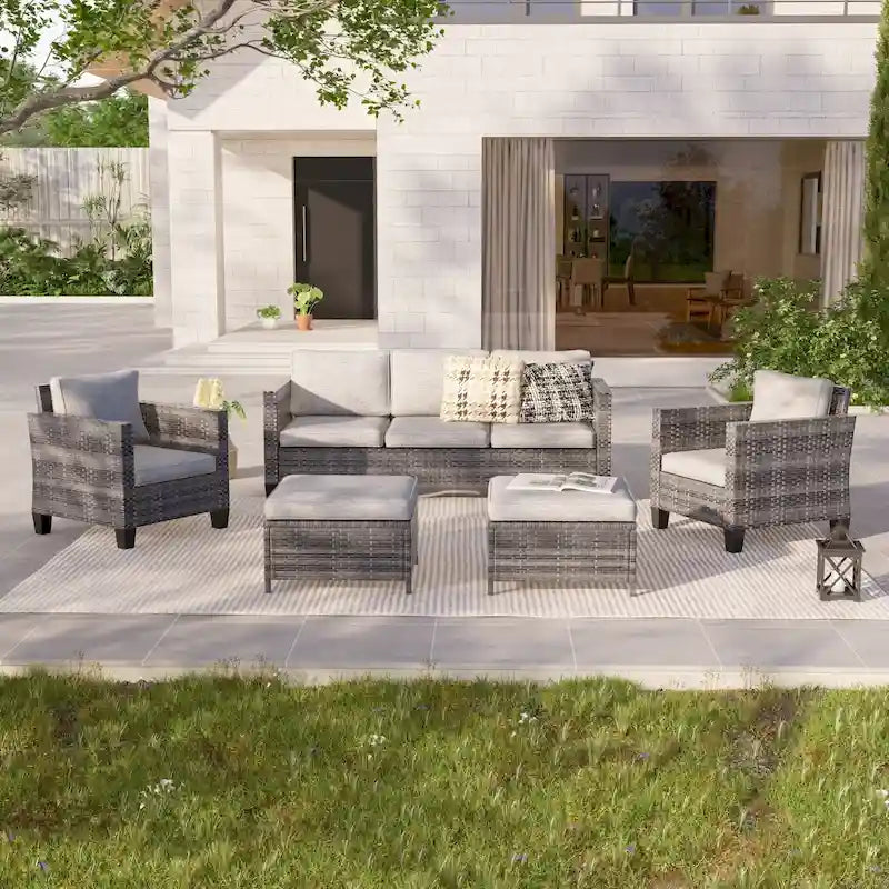 LIVOOSUN 5Pcs Patio Furniture Set Grey Rattan Coversation Seating Set