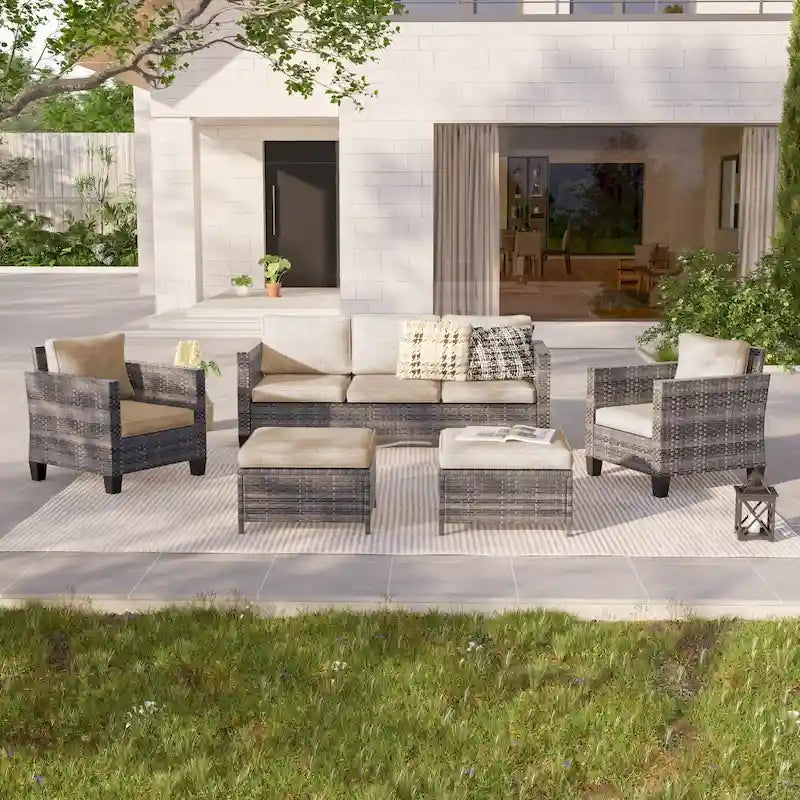 LIVOOSUN 5Pcs Patio Furniture Set Grey Rattan Coversation Seating Set