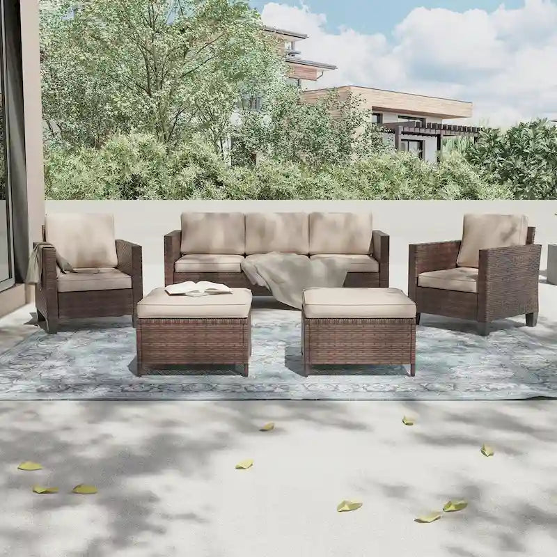 LIVOOSUN 5Pcs Patio Furniture Set Grey Rattan Coversation Seating Set
