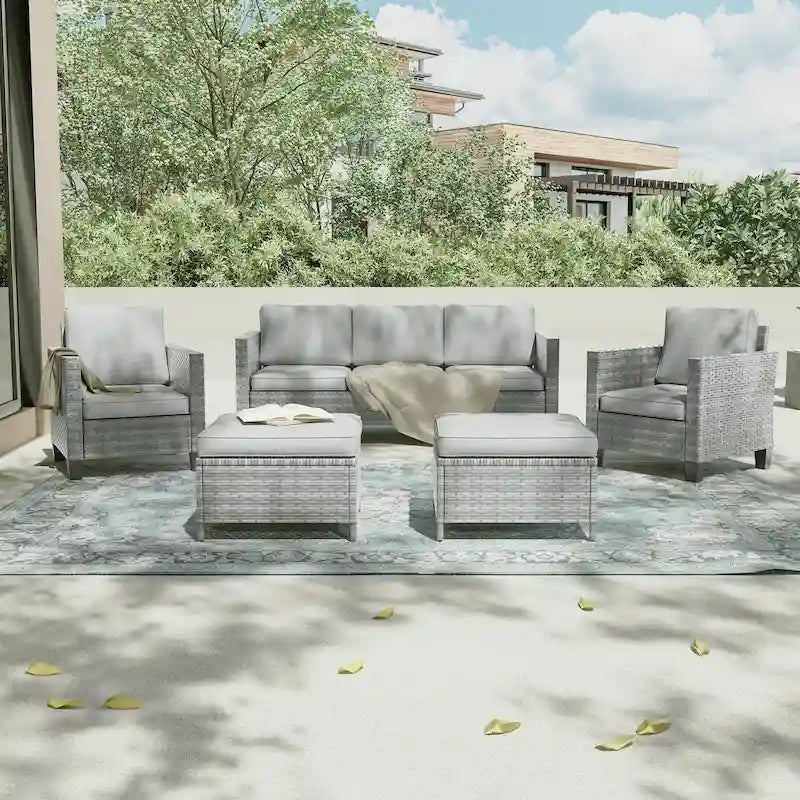 LIVOOSUN 5Pcs Patio Furniture Set Grey Rattan Coversation Seating Set