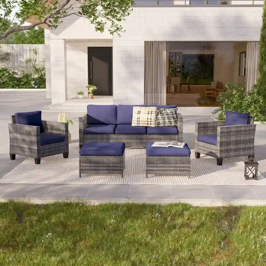 LIVOOSUN 5Pcs Patio Furniture Set Grey Rattan Coversation Seating Set