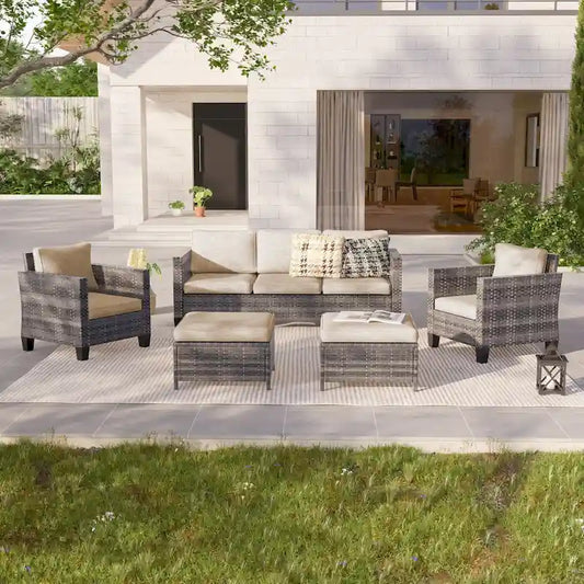LIVOOSUN 5Pcs Patio Furniture Set Grey Rattan Coversation Seating Set