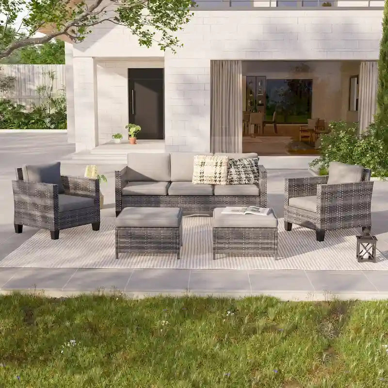 LIVOOSUN 5Pcs Patio Furniture Set Grey Rattan Coversation Seating Set