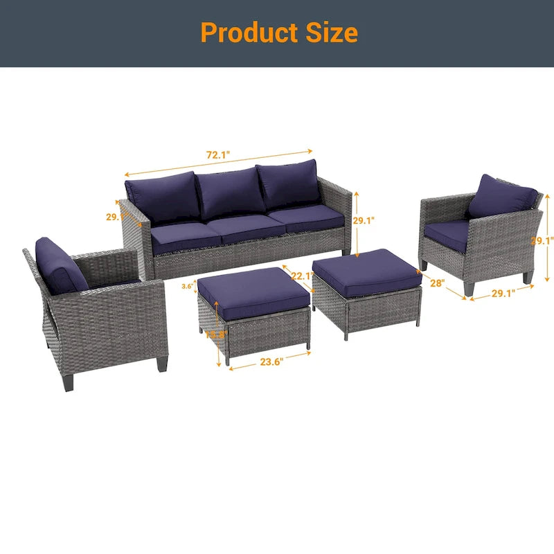 LIVOOSUN 5Pcs Patio Furniture Set Grey Rattan Coversation Seating Set