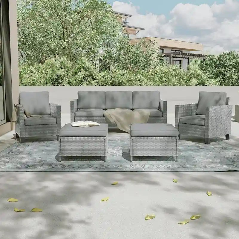 LIVOOSUN 5Pcs Patio Furniture Set Grey Rattan Coversation Seating Set