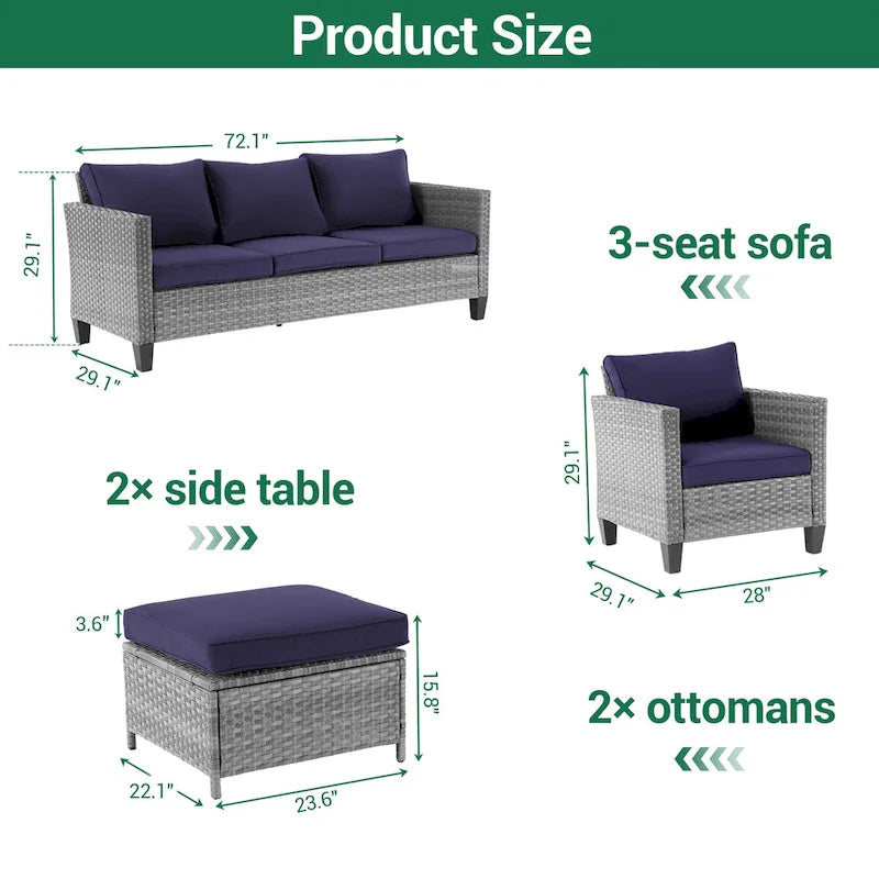 LIVOOSUN 5Pcs Patio Furniture Set Grey Rattan Coversation Seating Set