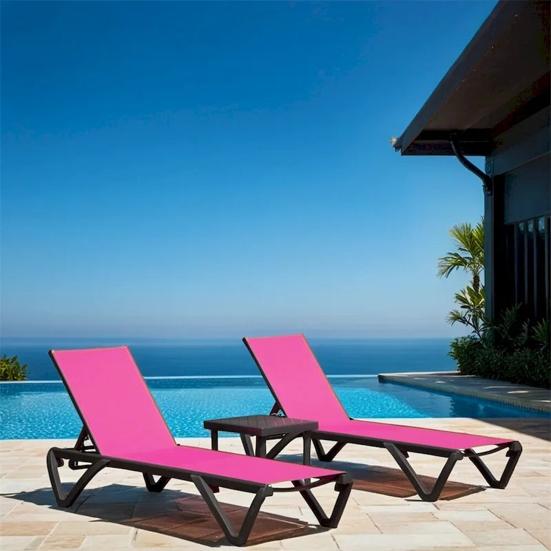 Outdoor Adjustable Backrest Lounge Chair with Side Table (Set of 3) - N/A