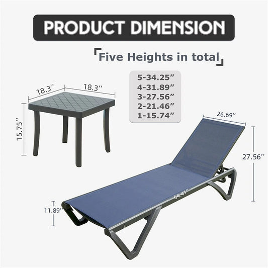 Outdoor Adjustable Backrest Lounge Chair with Side Table (Set of 3) - N/A