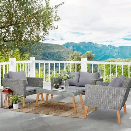 Patio 4-Piece PE Wicker and Acacia Wood Conversation Set with Cushions