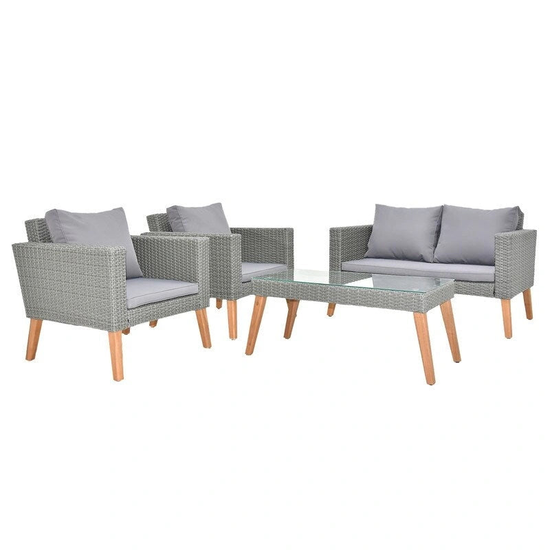 Patio 4-Piece PE Wicker and Acacia Wood Conversation Set with Cushions