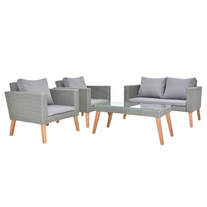 Patio 4-Piece PE Wicker and Acacia Wood Conversation Set with Cushions