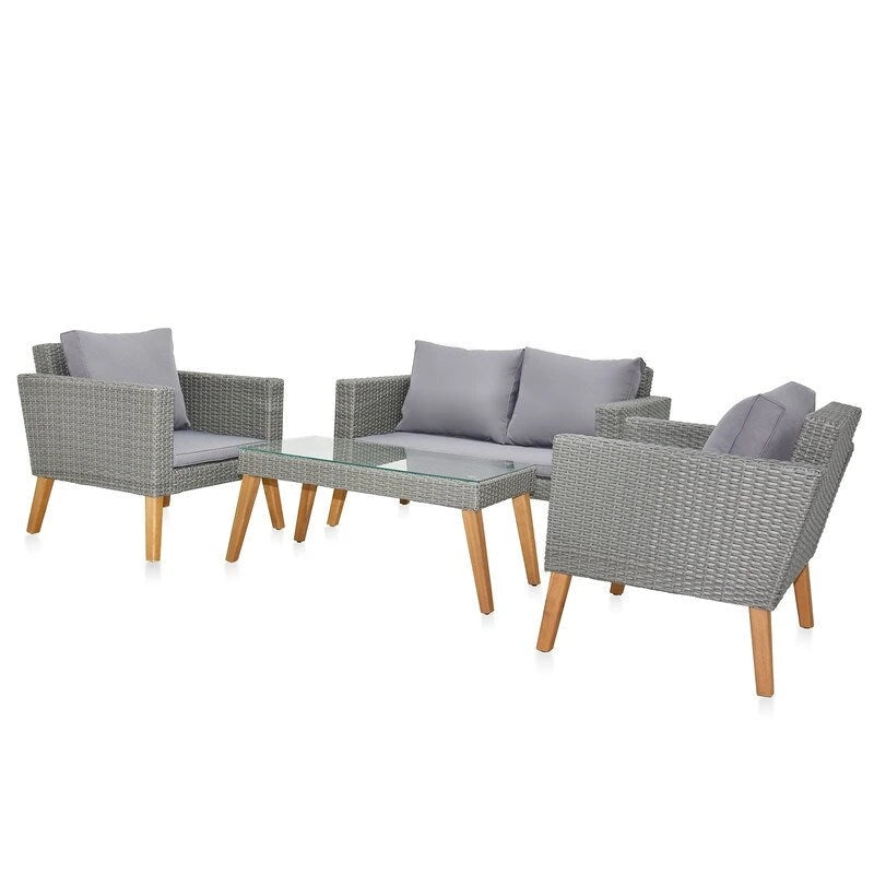 Patio 4-Piece PE Wicker and Acacia Wood Conversation Set with Cushions