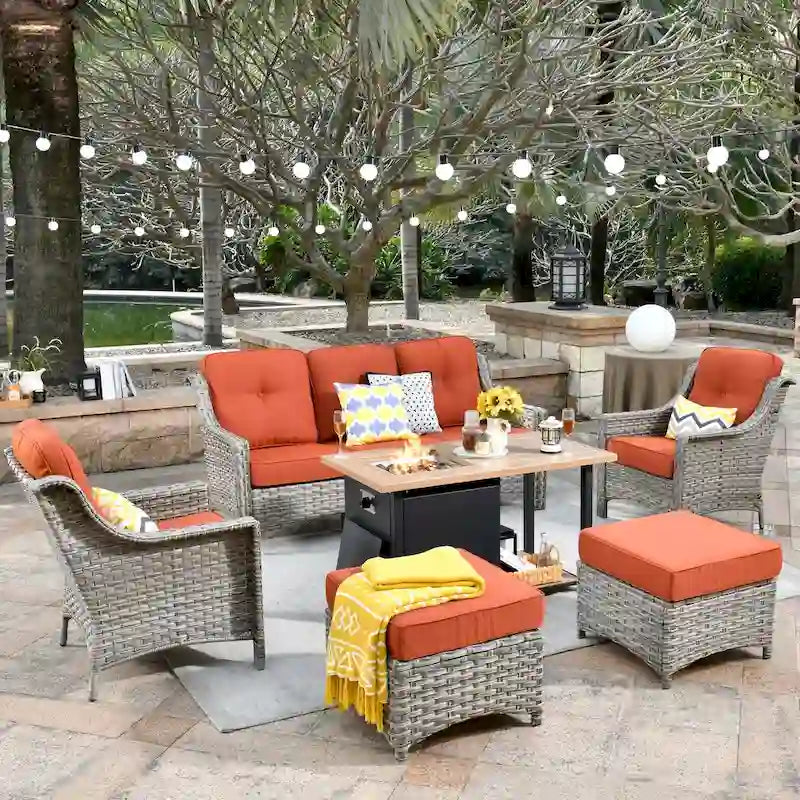 XIZZI 6-piece Wicker Patio Furniture Conversation Seating Set with Fire Pit