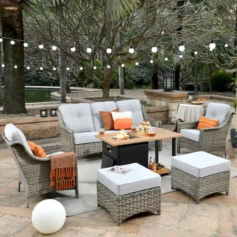 XIZZI 6-piece Wicker Patio Furniture Conversation Seating Set with Fire Pit