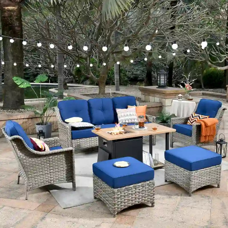 XIZZI 6-piece Wicker Patio Furniture Conversation Seating Set with Fire Pit