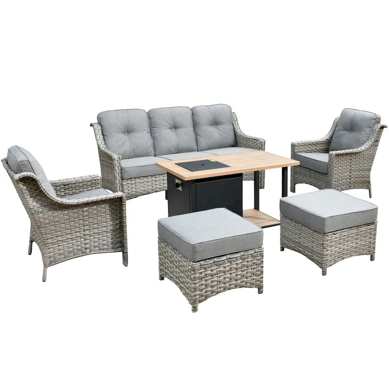 XIZZI 6-piece Wicker Patio Furniture Conversation Seating Set with Fire Pit