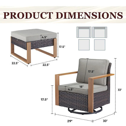 Gymojoy Outdoor Wicker Rattan Swivel Chair with Ottomans - Brown