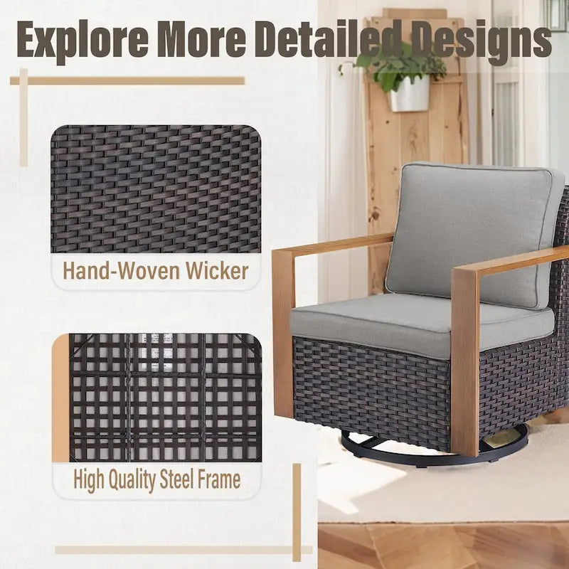 Gymojoy Outdoor Wicker Rattan Swivel Chair with Ottomans - Brown