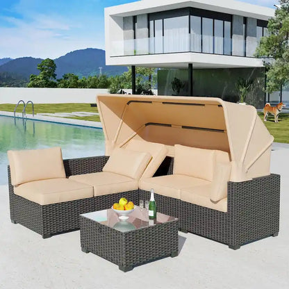 6-Piece Outdoor Patio Furniture Sets PE Rattan Daybed with Retractable Canopy