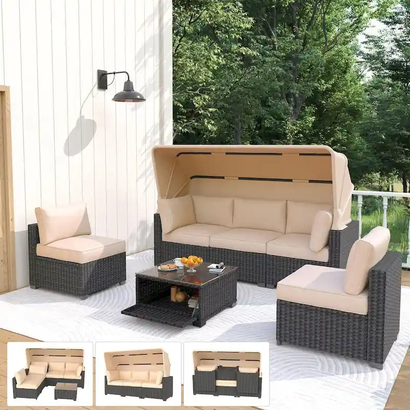6-Piece Outdoor Patio Furniture Sets PE Rattan Daybed with Retractable Canopy