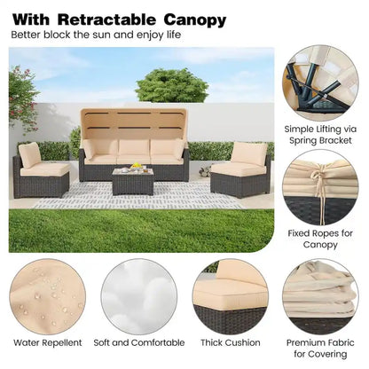 6-Piece Outdoor Patio Furniture Sets PE Rattan Daybed with Retractable Canopy