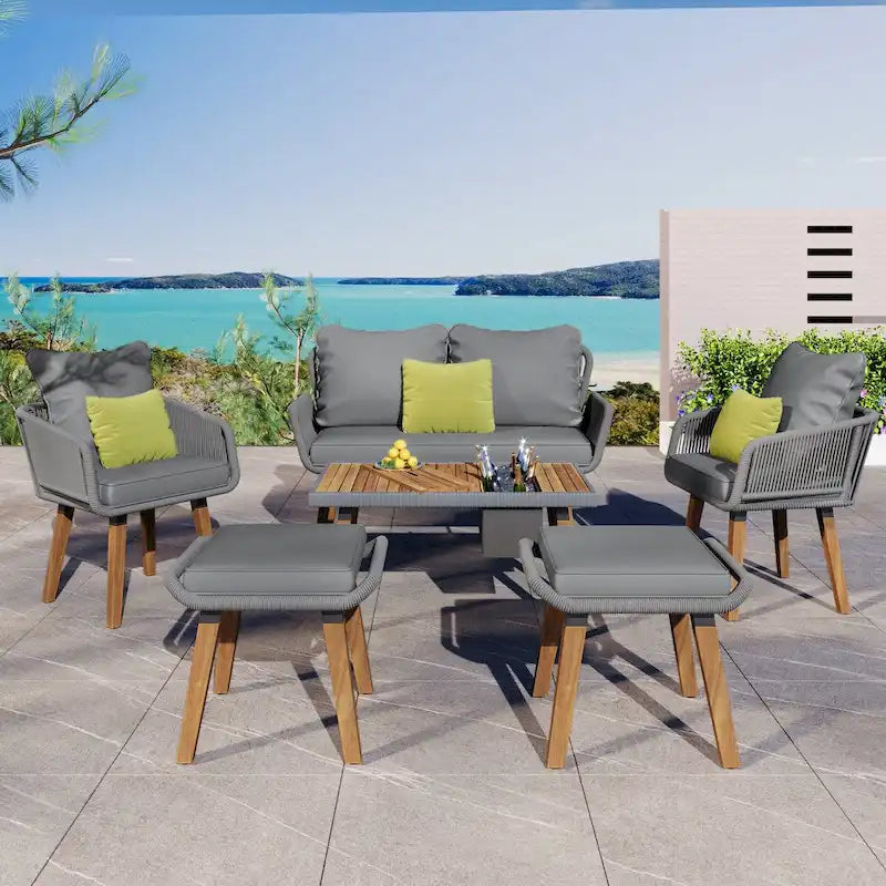 6-Piece Rope Patio Conversation Set with 2 in. 1 Wood Cool Bar Table and Cushions