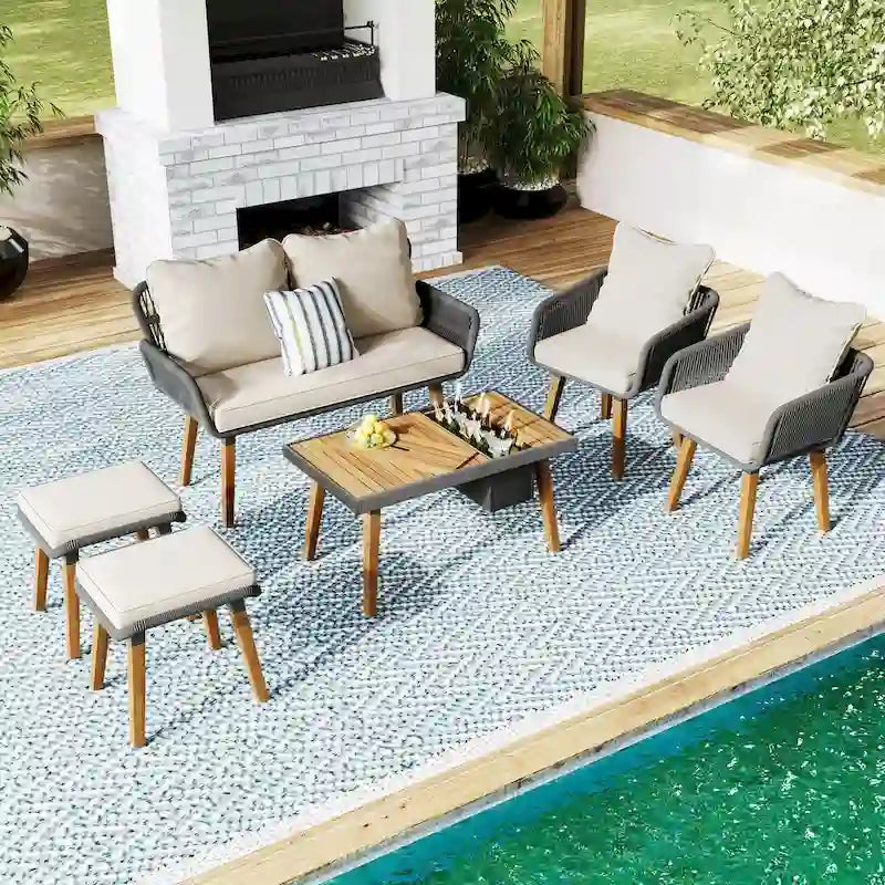 6-Piece Rope Patio Conversation Set with 2 in. 1 Wood Cool Bar Table and Cushions