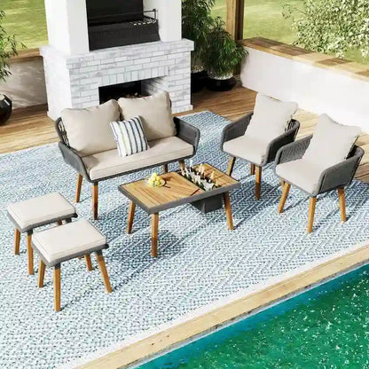 6-Piece Rope Patio Conversation Set with 2 in. 1 Wood Cool Bar Table and Cushions
