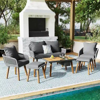 6-Piece Rope Patio Conversation Set with 2 in. 1 Wood Cool Bar Table and Cushions