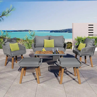 6-Piece Rope Patio Conversation Set with 2 in. 1 Wood Cool Bar Table and Cushions
