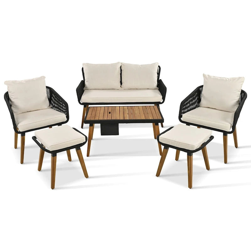 6-Piece Rope Patio Conversation Set with 2 in. 1 Wood Cool Bar Table and Cushions
