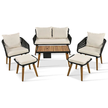 6-Piece Rope Patio Conversation Set with 2 in. 1 Wood Cool Bar Table and Cushions