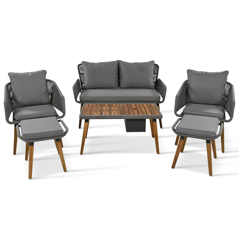 6-Piece Rope Patio Conversation Set with 2 in. 1 Wood Cool Bar Table and Cushions