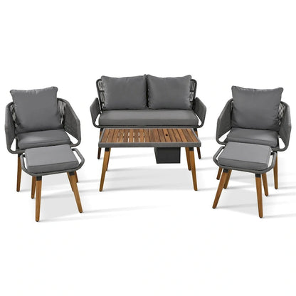 6-Piece Rope Patio Conversation Set with 2 in. 1 Wood Cool Bar Table and Cushions