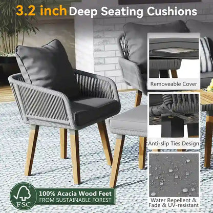 6-Piece Rope Patio Conversation Set with 2 in. 1 Wood Cool Bar Table and Cushions