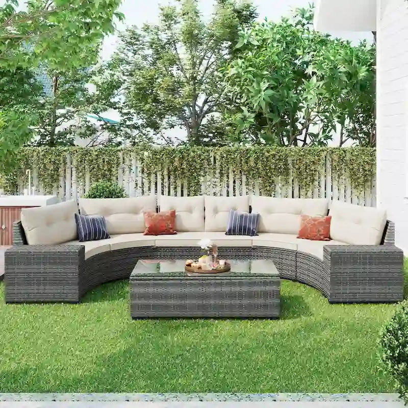 8 Pieces Outdoor Wicker Curved Patio Sectional with Rectangular Coffee Table and Movable Cushions