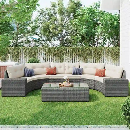 8 Pieces Outdoor Wicker Curved Patio Sectional with Rectangular Coffee Table and Movable Cushions