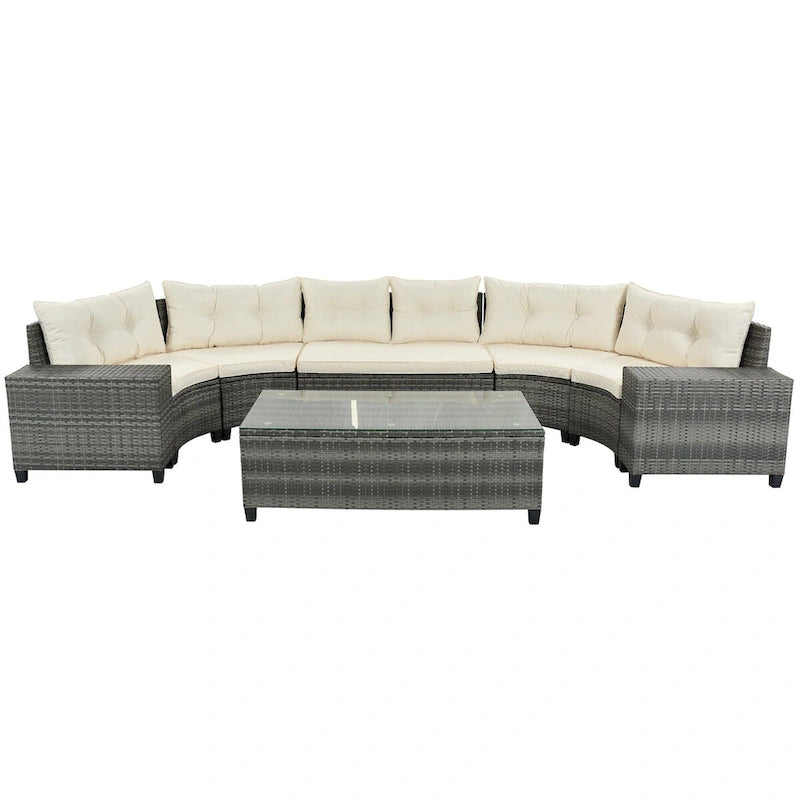 8 Pieces Outdoor Wicker Curved Patio Sectional with Rectangular Coffee Table and Movable Cushions