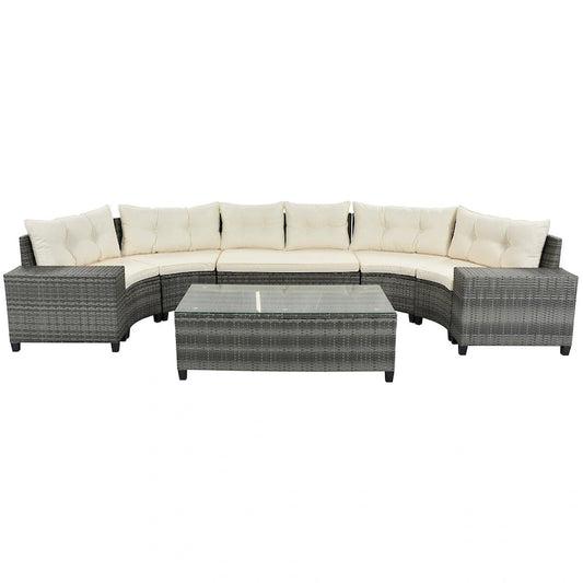 8 Pieces Outdoor Wicker Curved Patio Sectional with Rectangular Coffee Table and Movable Cushions