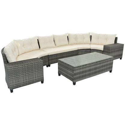 8 Pieces Outdoor Wicker Curved Patio Sectional with Rectangular Coffee Table and Movable Cushions
