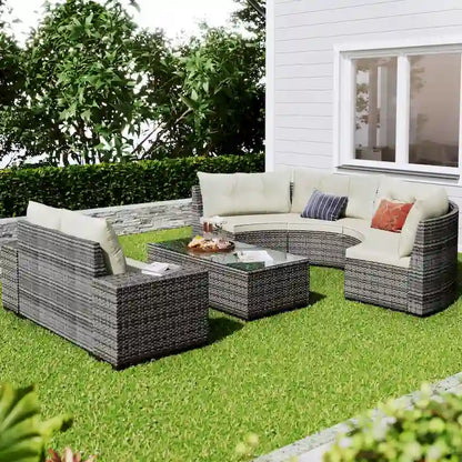8 Pieces Outdoor Wicker Curved Patio Sectional with Rectangular Coffee Table and Movable Cushions