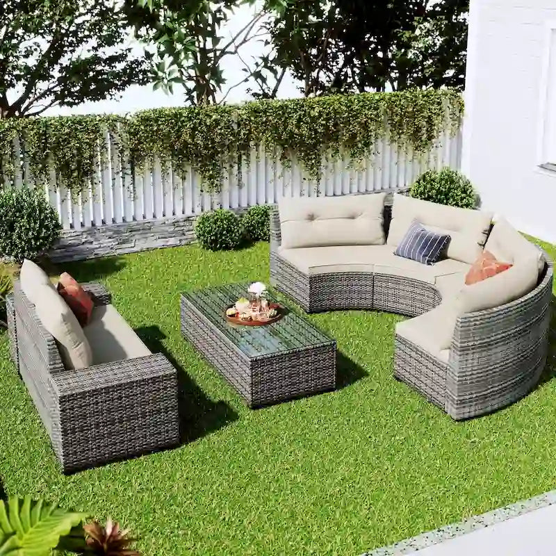 8 Pieces Outdoor Wicker Curved Patio Sectional with Rectangular Coffee Table and Movable Cushions