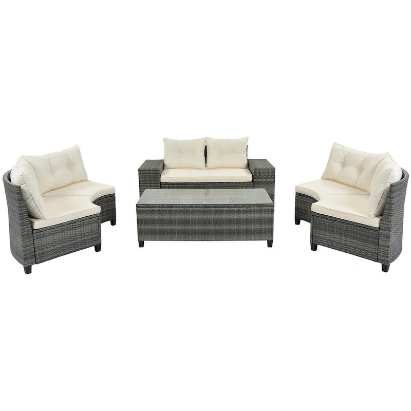 8 Pieces Outdoor Wicker Curved Patio Sectional with Rectangular Coffee Table and Movable Cushions