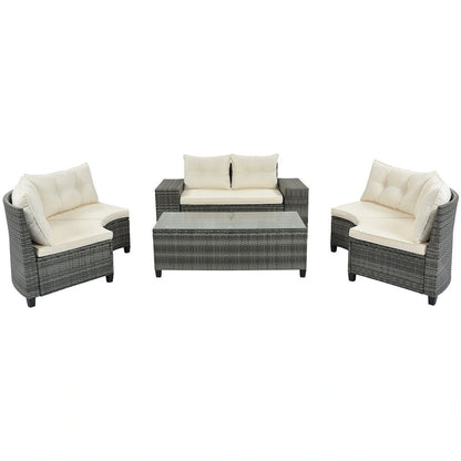 8 Pieces Outdoor Wicker Curved Patio Sectional with Rectangular Coffee Table and Movable Cushions