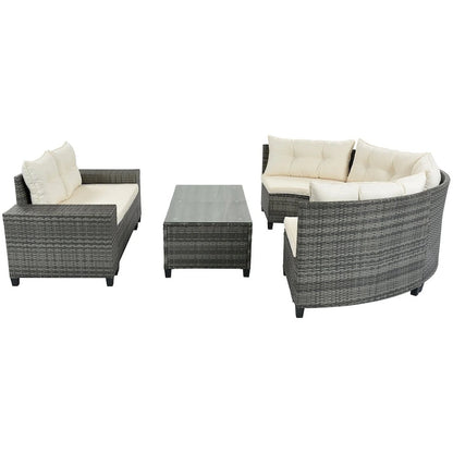 8 Pieces Outdoor Wicker Curved Patio Sectional with Rectangular Coffee Table and Movable Cushions