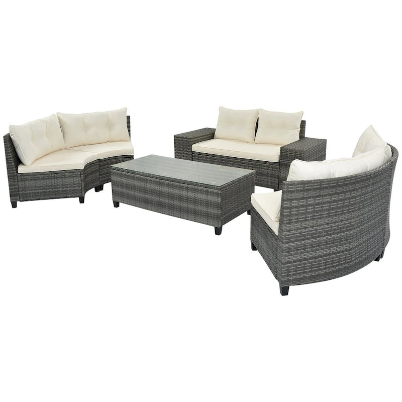 8 Pieces Outdoor Wicker Curved Patio Sectional with Rectangular Coffee Table and Movable Cushions