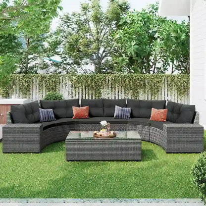 8 Pieces Outdoor Wicker Curved Patio Sectional with Rectangular Coffee Table and Movable Cushions