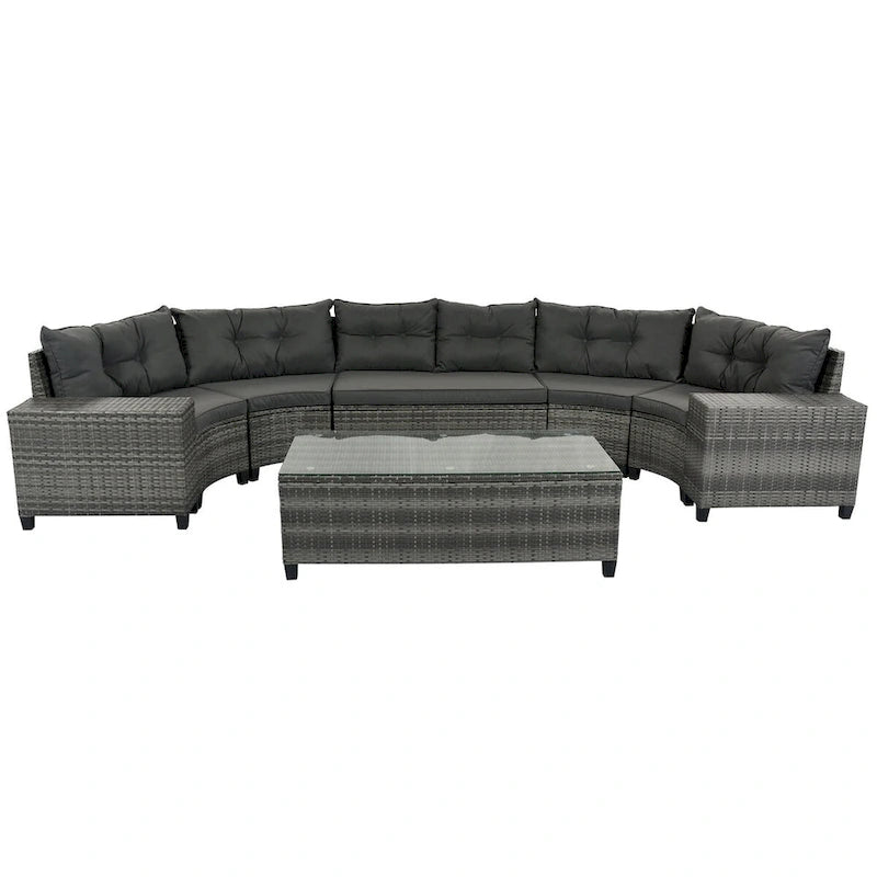 8 Pieces Outdoor Wicker Curved Patio Sectional with Rectangular Coffee Table and Movable Cushions