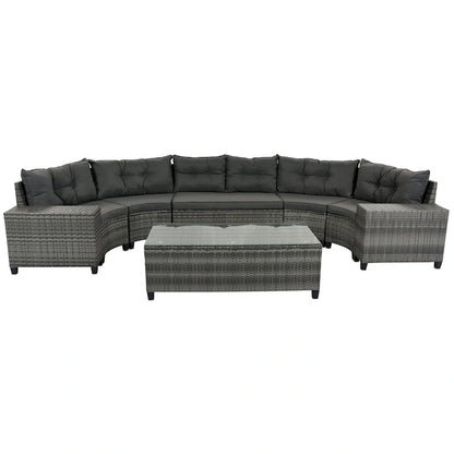 8 Pieces Outdoor Wicker Curved Patio Sectional with Rectangular Coffee Table and Movable Cushions